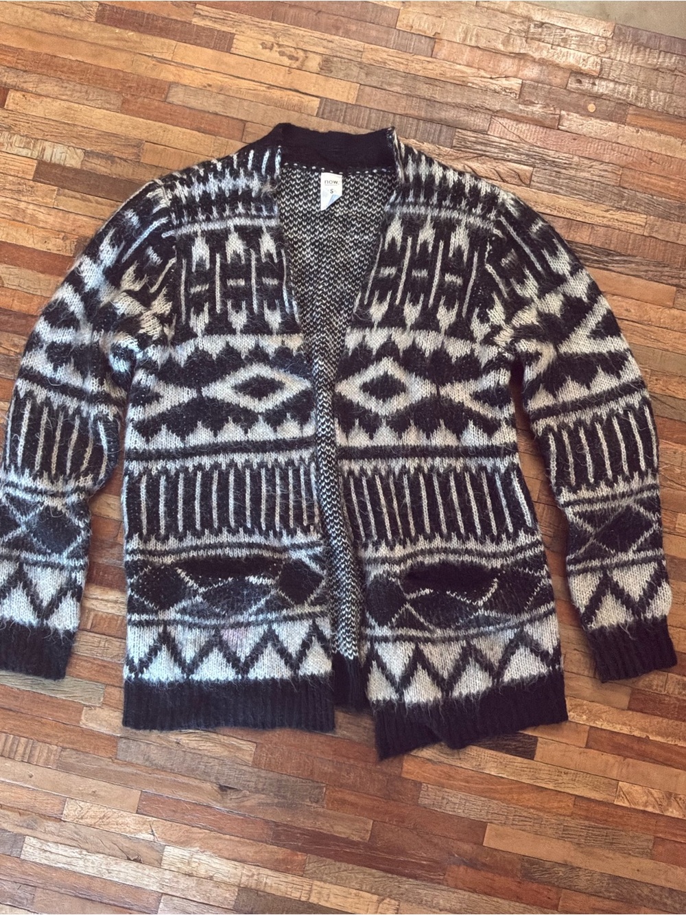 Men's Black & Cream Geometric Open-Front Cardigan